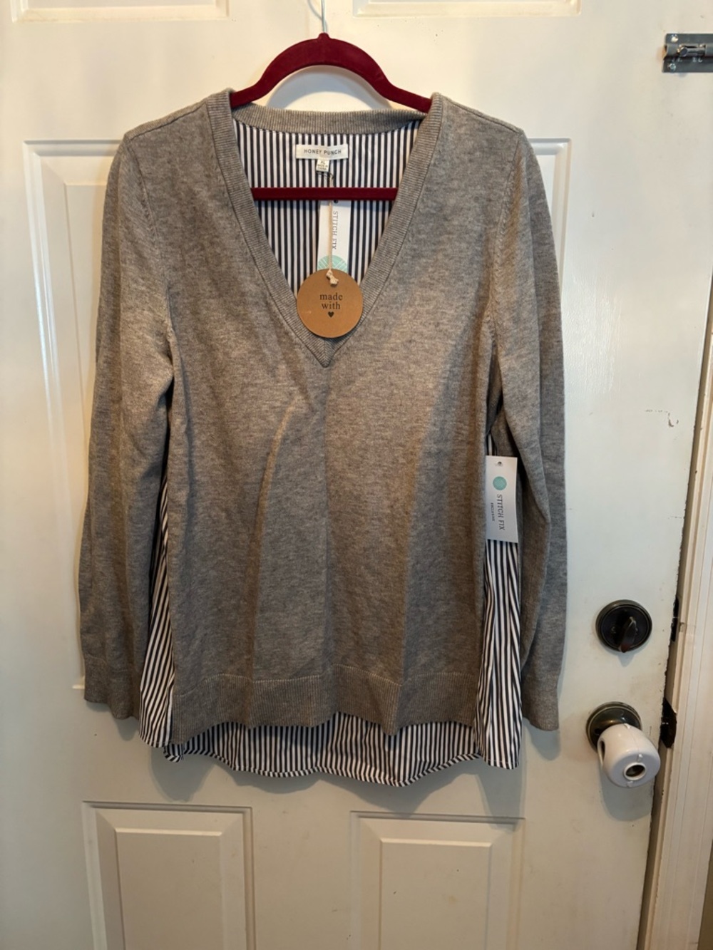 Honey Punch Gray V-Neck Sweater with Striped Hem